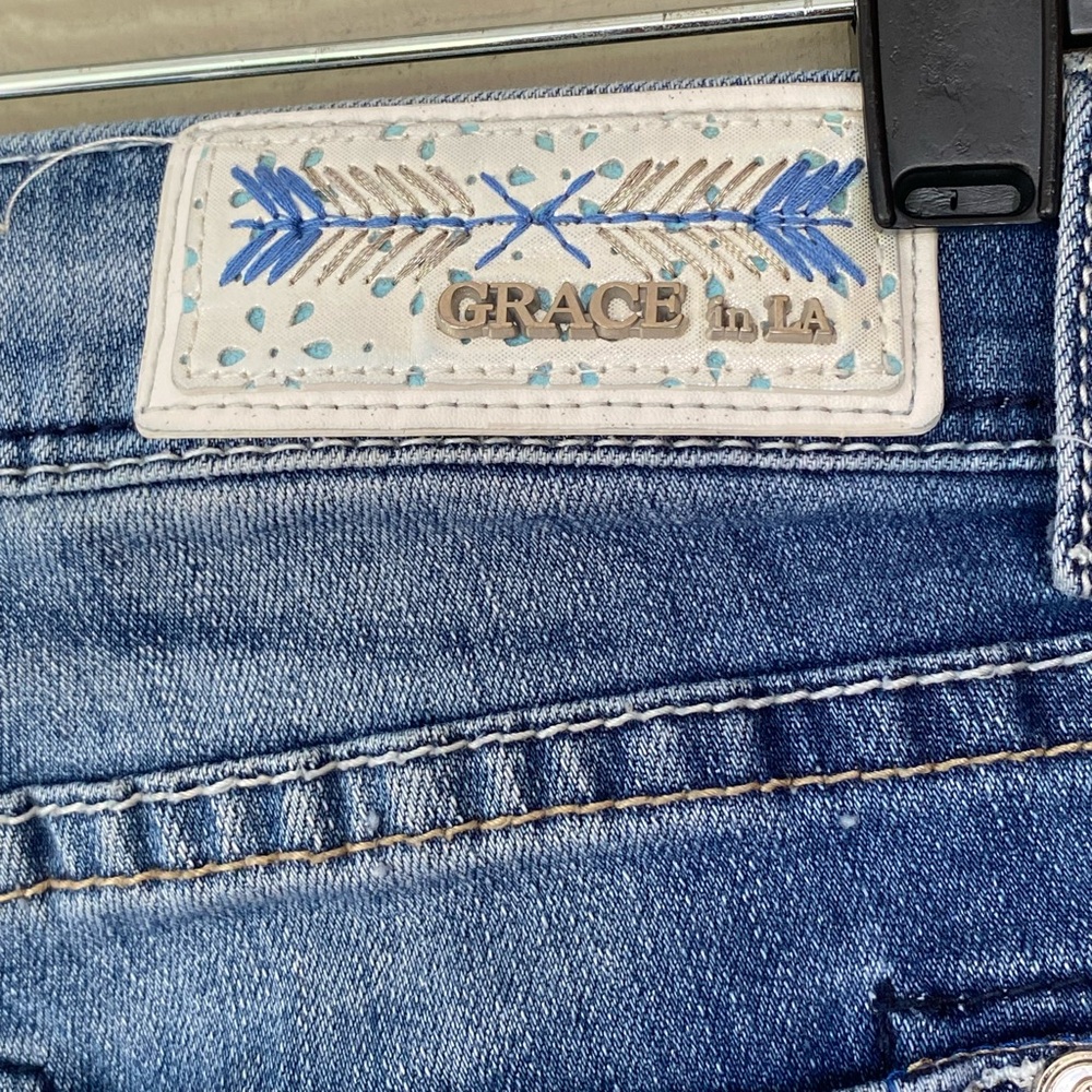 Grace in LA ~ Distressed Skinny Jeans with Frayed Hems, Size 27 - Picture 6 of 10